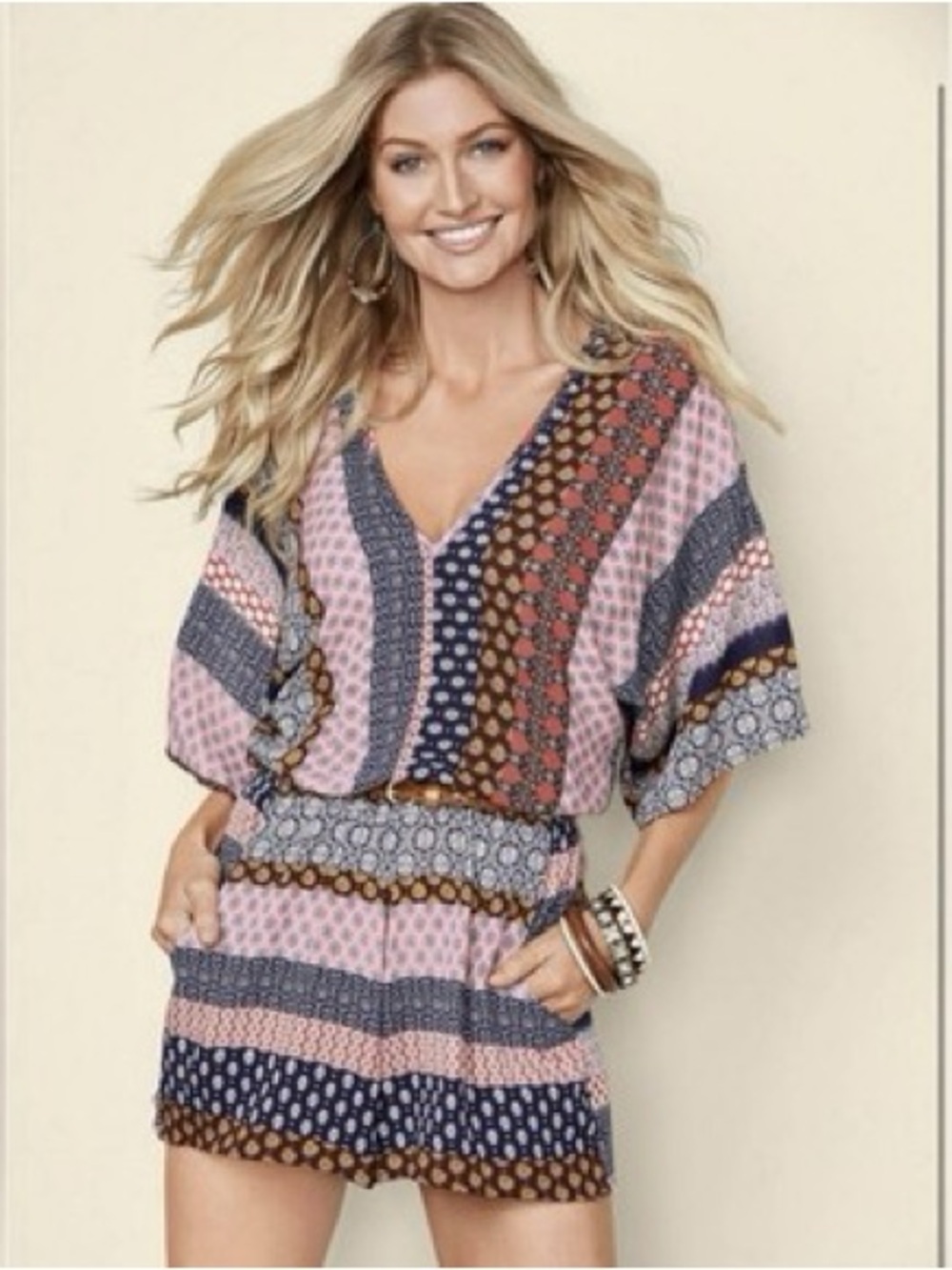 NWOT Venus Colorful Geometric Print Romper with Pockets Women’s Size XS